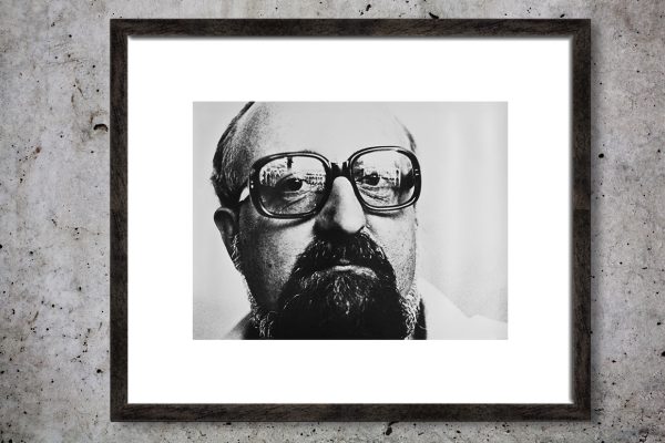 jpg file of Krzysztof Penderecki (23 November 1933 – 29 March 2020) Polish composer and conductor. photograph by Bo Lutoslawski . Black picture frame ,black and white photograph