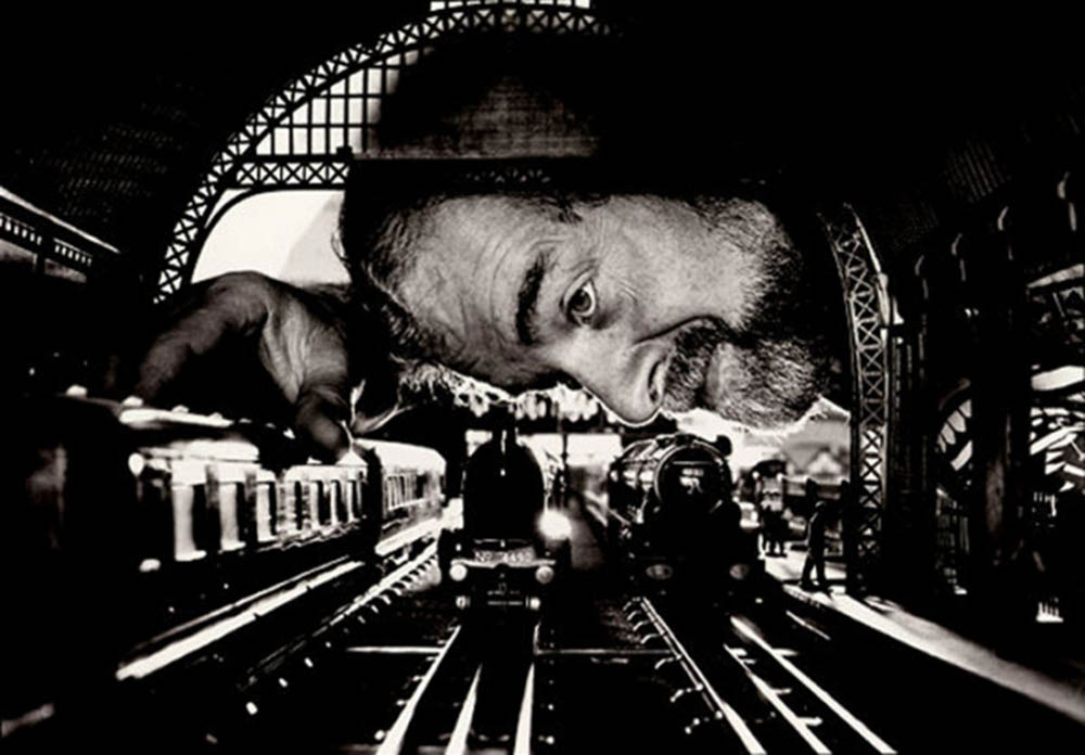 a black and white photograph of a toy train , art for the wall